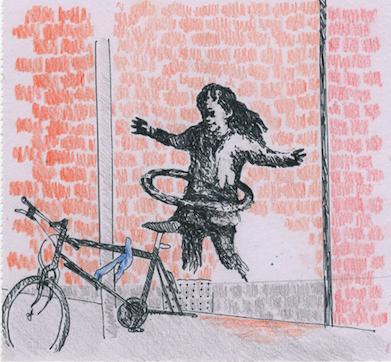 Sketch of spray painted girl hula hooping a bike tyre, next to a lamp post with a bike chained to it. 